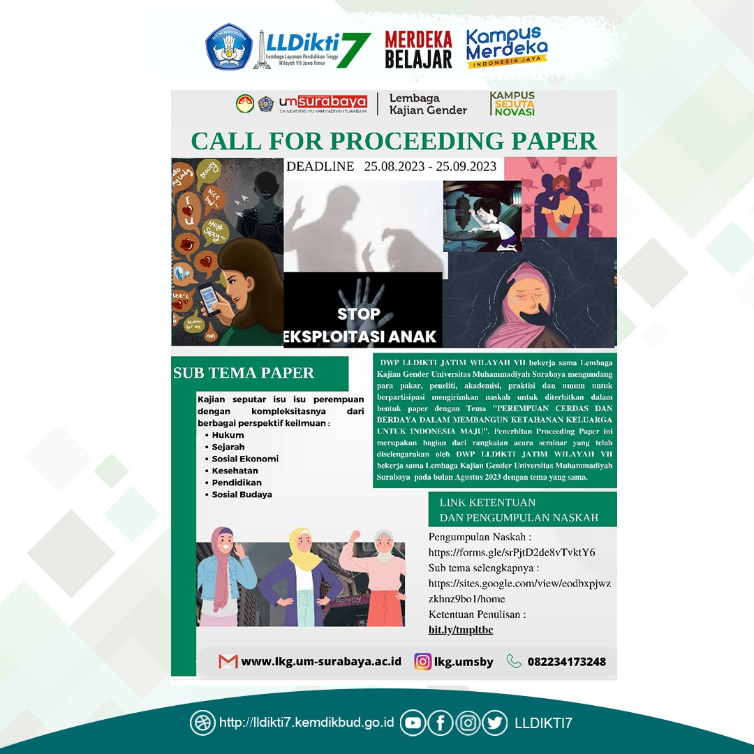 DWP LLDIKTI Wilayah VII Berkolaborasi dengan Lembaga Kajian Gender Universitas Muhammadiyah Surabaya CALL FOR PROCEEDING PAPER “Perempuan Cerdas dan Berdaya dalam Membangun Ketahanan Keluarga untuk Indonesia Maju” 
